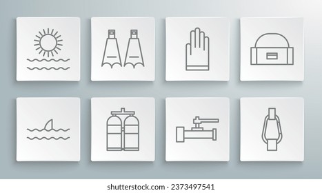 Set line Shark fin in ocean wave, Rubber flippers for swimming, Aqualung, Industry metallic pipes and valve, Carabiner, Gloves, Case box container wobbler and Sun waves icon. Vector