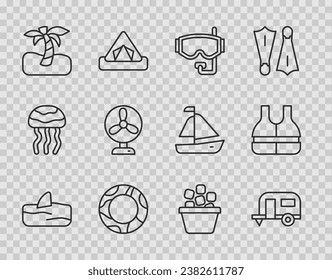 Set line Shark fin in ocean wave, Rv Camping trailer, Diving mask, Rubber swimming ring, Tropical palm tree, Electric fan, Ice bucket and Life jacket icon. Vector