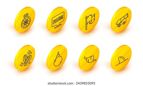 Set line Haifischflossen in Ozeanwelle, Piratenaugenklappe, Bombe bereit zu explodieren, Münze, Kanone, Flagge, Alkohol trinken Rum und Kompass-Symbol. Vektor