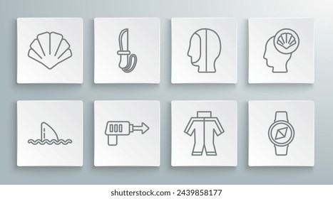 Set line Shark fin in ocean wave, Knife, Fishing harpoon, Wetsuit, Compass, Diving hood, Scallop sea shell and  icon. Vector