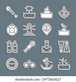 Set line Shark fin in ocean wave, Flippers for swimming, Seagull sits on buoy, Iceberg, Lighthouse, Lifebuoy, Dead fish and Location with anchor icon. Vector