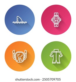 Set line Shark fin in ocean wave, Diving watch, mask and Wetsuit. Color circle button. Vector