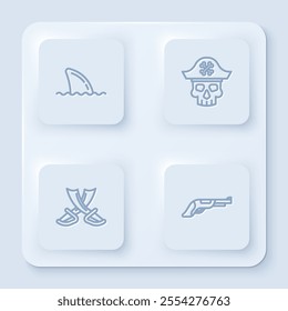 Set line Shark fin in ocean wave, Pirate captain, Crossed pirate swords and Vintage pistol. White square button. Vector