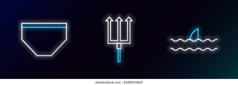 Set line Shark fin in ocean wave, Swimming trunks and Neptune Trident icon. Glowing neon. Vector