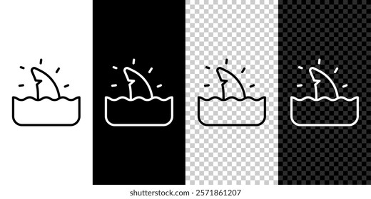 Set line Shark fin in ocean wave icon isolated on black and white, transparent background.  Vector