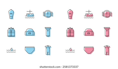 Set line Shark fin in ocean wave, Swimming trunks, Lift bag, Wetsuit for scuba diving, Case box container wobbler, Flashlight, Aqualung and Fishing boat water icon. Vector