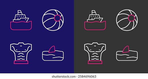 Set line Shark fin in ocean wave, Bodybuilder muscle, Beach ball and Cruise ship icon. Vector