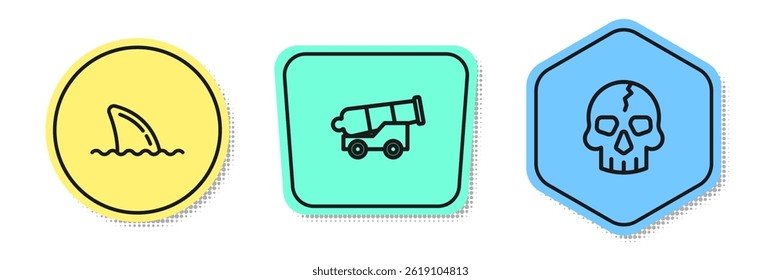 Set line Shark fin in ocean wave, Cannon and Skull. Colored shapes. Vector