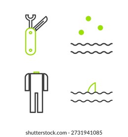 Aleta de tiburón en la ola del océano, traje de neopreno para el buceo, olas frías y suizas y el icono del cuchillo del ejército suizo. Vector
