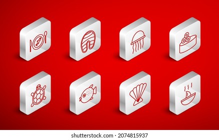 Set line Shark fin soup, Fish steak, Jellyfish, Tin can with caviar, Scallop sea shell, Served on plate, Puffer and Turtle icon. Vector