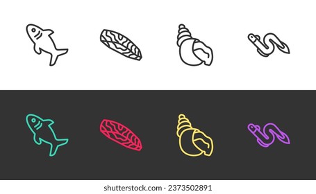 Set line Shark, Fish steak, Scallop sea shell and Eel fish on black and white. Vector