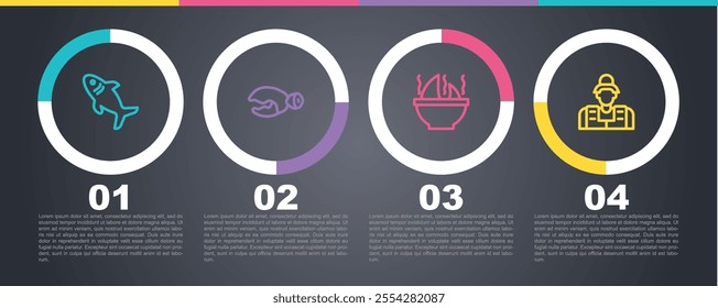 Set line Shark, Lobster or crab claw, fin soup and Fisherman. Business infographic template. Vector