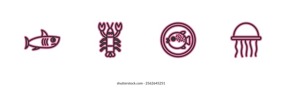 Set line Shark, Puffer fish on plate, Lobster and Jellyfish icon. Vector