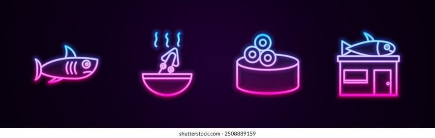 Set linha Tubarão, Sopa com polvo, lata de estanho caviar e loja de frutos do mar. Ícone de néon brilhante. Vetor