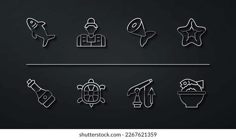 Set line Shark, Soy sauce bottle, Starfish, Fishing harpoon, Turtle, Fisherman, Served bowl and tail icon. Vector