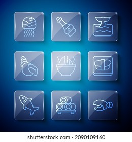 Set line Shark, Sushi on cutting board, Lobster or crab claw, Whale tail ocean wave, fin soup, Scallop sea shell, Jellyfish and  icon. Vector