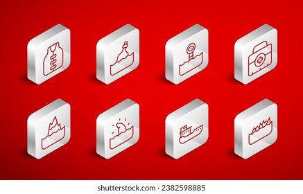 Set line Sharp stone reefs, Bottle with message in water, Periscope, First aid kit, Cargo ship, Life jacket, Shark fin ocean wave and Iceberg icon. Vector