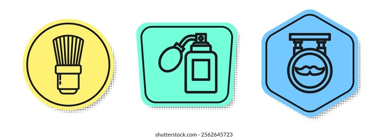 Set line Shaving brush, Aftershave bottle with atomizer and Barbershop. Colored shapes. Vector