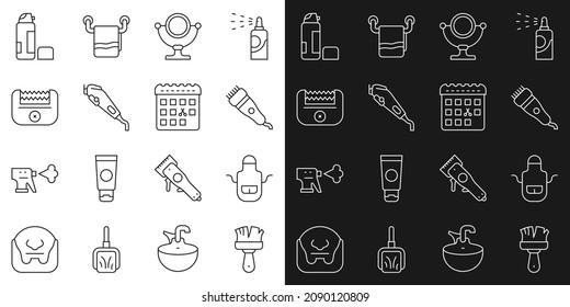 Set line Shaving brush, Barber apron, Electrical hair clipper, Round makeup mirror, gel foam and Calendar with haircut day icon. Vector