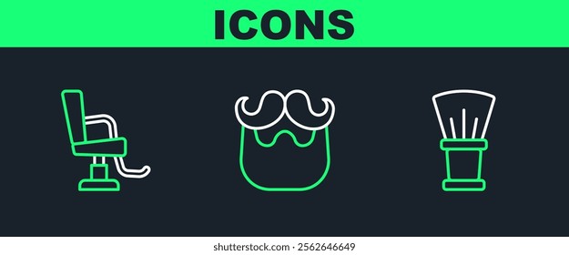 Set line Shaving brush, Barbershop chair and Mustache and beard icon. Vector