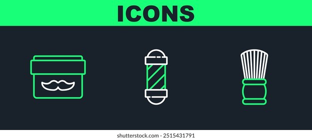 Set line Shaving brush, Cream or lotion cosmetic jar and Classic Barber shop pole icon. Vector