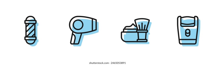 Set line Shaving brush with foam, Classic Barber shop pole, Hair dryer and Electric razor blade icon. Vector