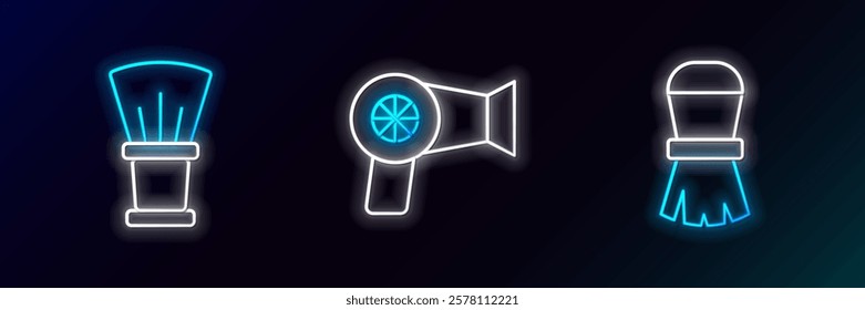 Set line Shaving brush,  and Hair dryer icon. Glowing neon. Vector