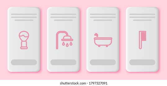 Set line Shaving brush, Shower head, Bathtub and Hairbrush. White rectangle button. Vector