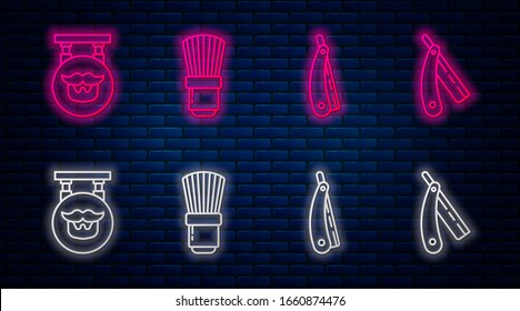 Set line Shaving brush, Straight razor, Barbershop and Straight razor. Glowing neon icon on brick wall. Vector