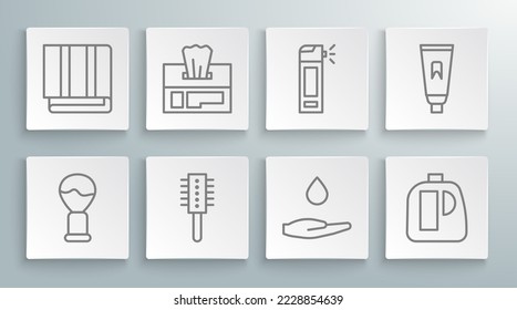 Set line Shaving brush, Wet wipe pack, Hairbrush, Washing hands with soap, Bottles for cleaning agent, nozzle spray, Tube of toothpaste and Towel stack icon. Vector