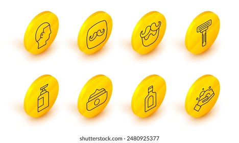 Set line Shaving foam on hand, Bottle of shampoo, Gel or wax for hair styling, razor, Mustache beard, Barbershop and Hairstyle men icon. Vector