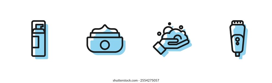 Set line Shaving foam on hand, gel, Gel or wax for hair styling and Electric razor blade icon. Vector