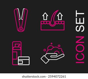 Set line Shaving foam on hand, gel, Human hair follicle and Curling iron for icon. Vector