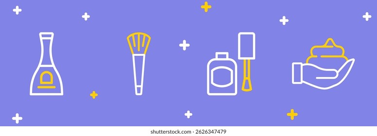 Set line Shaving foam on hand, Bottle of nail polish, Makeup brush and  icon. Vector