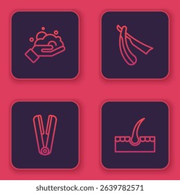 Set line Shaving foam on hand, Curling iron for hair, Straight razor and Human follicle. Blue square button. Vector
