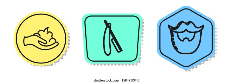 Set line Shaving gel foam on hand, Straight razor and Mustache and beard. Colored shapes. Vector