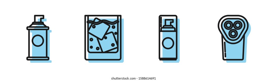 Set line Shaving gel foam, Shaving gel foam, Glass of whiskey and ice cubes and Electrical hair clipper or shaver icon. Vector