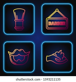 Set line Shaving gel foam on hand, Mustache and beard, Shaving brush and Barbershop. Gradient color icons. Vector