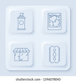 Set line Shaving gel foam, Glass of whiskey and ice cubes, Barbershop building and Blade razor. White square button. Vector