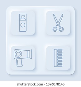 Set line Shaving gel foam, Scissors hairdresser, Hair dryer and Hairbrush. White square button. Vector