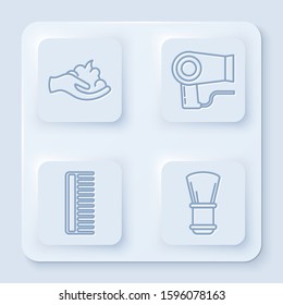 Set line Shaving gel foam on hand, Hair dryer, Hairbrush and Shaving brush. White square button. Vector