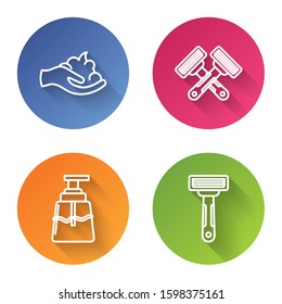 Set line Shaving gel foam on hand, Crossed shaving razor, Aftershave and Shaving razor. Color circle button. Vector