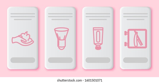 Set line Shaving gel foam on hand, Shaving brush, Cream or lotion cosmetic tube and Barbershop with razor. White rectangle button. Vector