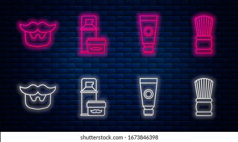 Set line Shaving gel foam, Cream or lotion cosmetic tube, Mustache and beard and Shaving brush. Glowing neon icon on brick wall. Vector