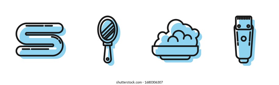 Set line Shaving gel foam, Towel, Hand mirror and Electrical hair clipper or shaver icon. Vector