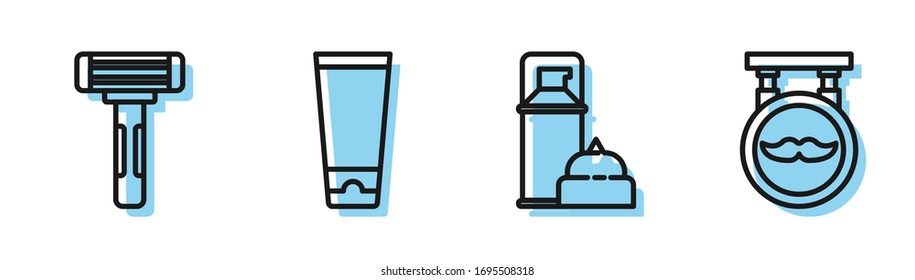 Set line Shaving gel foam, Shaving razor, Cream or lotion cosmetic tube and Barbershop icon. Vector