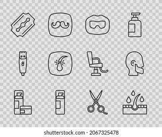 Set line Shaving gel foam, Oil for hair care treatment, Mustache and beard, Blade razor, Broken follicle, Scissors hairdresser and  icon. Vector