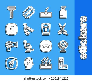 Set line Shaving gel foam, Hand mirror, Scissors hairdresser, Human follicle, Straight razor,  and Electric blade icon. Vector