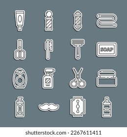Set line Shaving gel foam, Cream or lotion cosmetic tube, Bar of soap with, Classic Barber shop pole, Hairbrush, Scissors hairdresser,  and razor icon. Vector