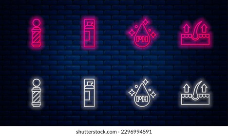 Set line Shaving gel foam, Oil for hair care treatment, Classic Barber shop pole and Human follicle. Glowing neon icon on brick wall. Vector